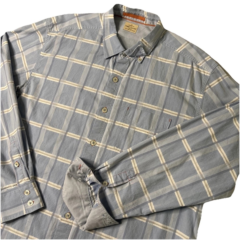 Tommy Bahama Jeans Island Crafted‎ XL Blue Plaid Long Sleeve Shirt Flip Cuff EUC